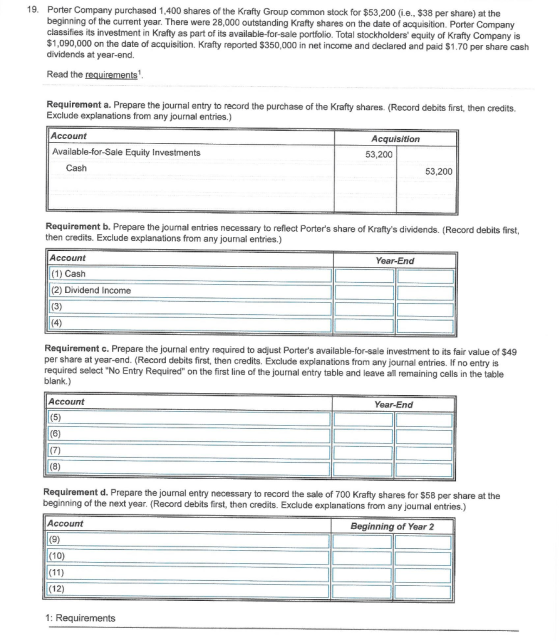 19. Porter Company purchased 1,400 shares of the Krafty Group common stock for $53,200 (i.e., $38 per share) at the beginning