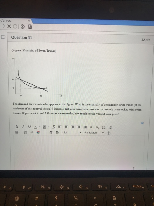 Canvas → XCO D Question 41 12 pts (Figure: Elasticity of Swim Trunks) The demand for swim trunks appears in the figure. What