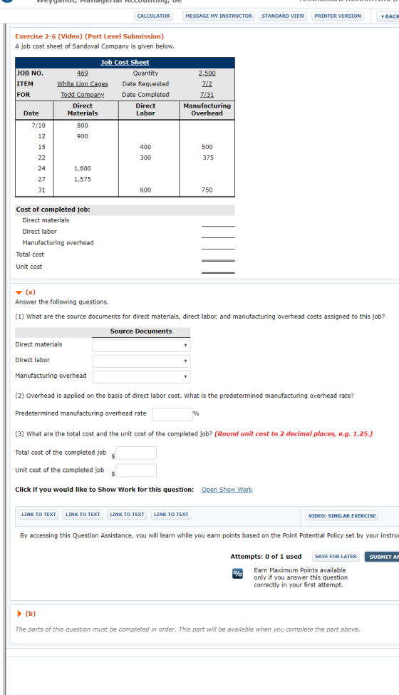 Veyyalul Mallaydilal ACCOUNY, UE CALCULATOR MESSAGE MY INSTRUCTOR STANDARD VIEW PRINTER VERSION BACK Exercise 2-6 (Video) (Pa