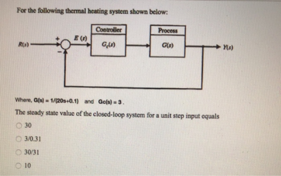 For the following thermal heating system shown below: Controller Process E (8) Ris) Gs) G(s) Y8) Where, G(s) = 1/(20s+0.1) an
