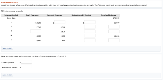 Brief Exercise 10-7 Assad Inc. issued a five-year, 6% instalment note payable, with fixed principal payments plus interest, d