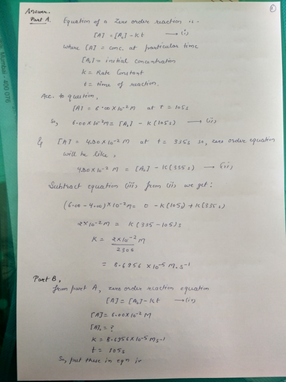 Part A.Euation ofa ors erdlue reaction ttime of seeachron Sa iwill e like 230s 8-6956 x io5 7. s Pont 8, t 1o5s