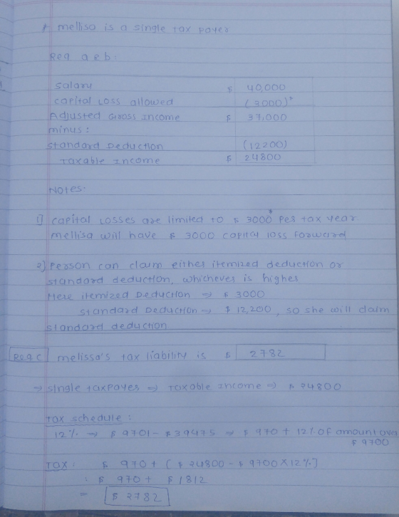 E mellisa is a single tax payeŏ Reg ae b: salany 40,000 capital Loss allowed Adjusted Gt ooss Income minus: 13000)* ु 31,000