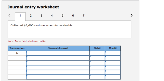 Journal entry worksheet < 12 3 4 5 6 7 > Collected $5,600 cash on accounts receivable. Note: Enter debits before credits. Gen