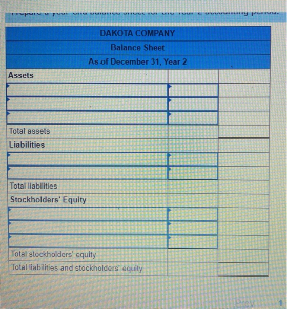 LEIL URI LIVE I. Puu yu VIIV VULCY Prvu. DAKOTA COMPANY Balance Sheet As of December 31, Year 2 Assets Total assets Liabiliti