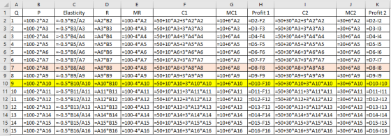 A B C D E G 1 Q P Elasticity R MR ci MCI 2 1 =100-2*A2 =-0.5*B2/A2 =A2*B2 =100-4*A2 1=50+10*A2+3*A2*A2 =10+6*A2 3 2 =100-2*A3