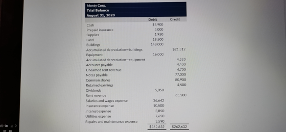 Monty Corp. Trial Balance August 31, 2020 Credit Debit $6,900 3,000 1,950 19,500 148,000 $21,312 16,000 Cash Prepaid insuranc