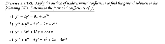 Exercise 2.5.152: Apply the method of undetermined coefficients to find the general solution to the following DEs. Determine