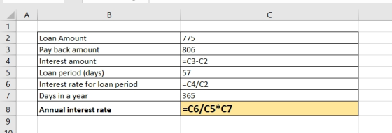 775 806 =C3-C2 Loan Amount Pay back amount Interest amount Loan period (days) Interest rate for loan period Days in a year 57