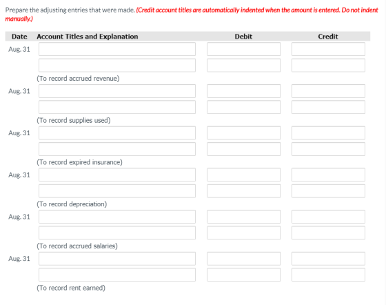 Prepare the adjusting entries that were made. (Credit account titles are automatically indented when the amount is entered. D