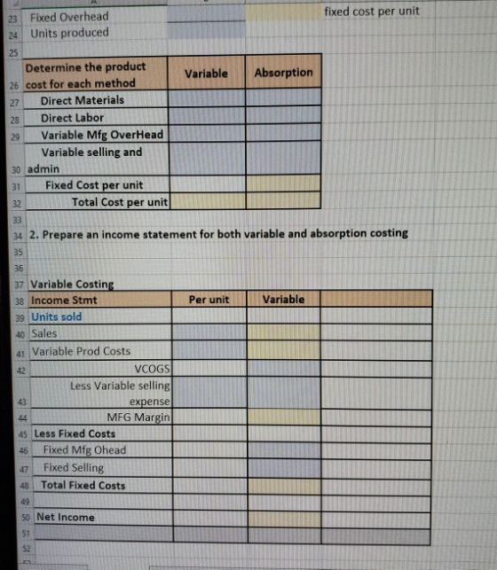 fixed cost per unit 23 Fixed Overhead 24 Units produced Variable Absorption Determine the product 26 cost for each method 27