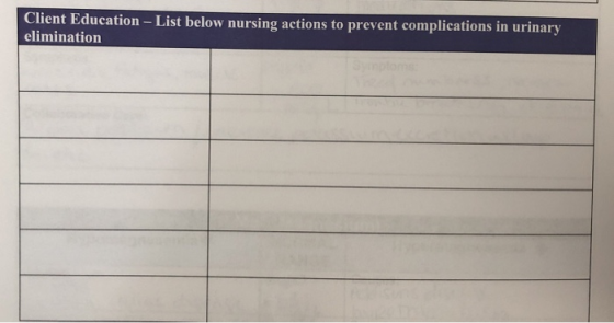 Client Education - List below nursing actions to prevent complications in urinary elimination