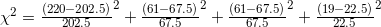 \chi^{2} = \frac{(220 - 202.5)}{202.5}^{2} + \frac{(61- 67.5)}{67.5}^{2} + \frac{(61- 67.5)}{67.5}^{2} + \frac{(19- 22.5)}{22.5}^{2}