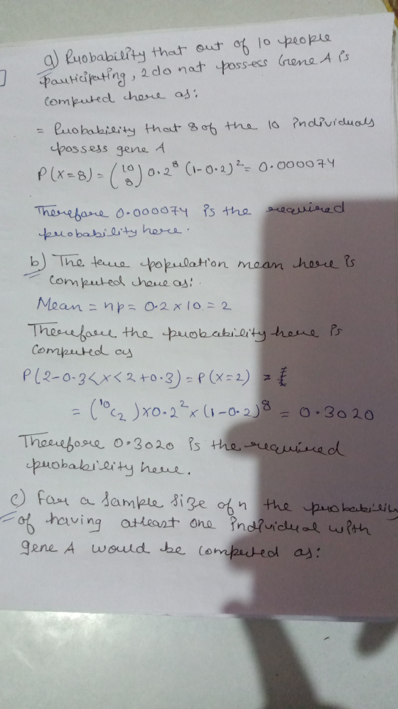 g) Ruobability that out of 10 people Panticipating , a do not possess bene Ais computed chere as: Probability that 8 of the 1