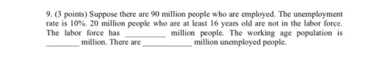 9. (3 points) Suppose there are 90 million people who are employed. The unemployment rate is 10%. 20 million people who are a
