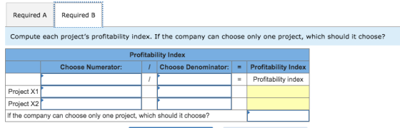 Required A Required B Compute each projects profitability index. If the company can choose only one project, which should it