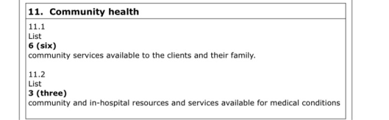 11. Community health 11.1 List 6 (Six) community services available to the clients and their family. 11.2 List 3 (three) comm