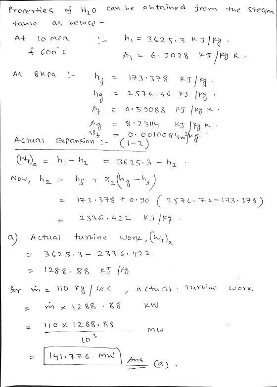 can be obtained from the steam Properties of H₂O table as beloci - hi = 3625,3 kJ/14 At 10 moa f Good A 6.9028 KJ kg K At hf