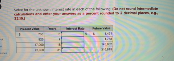 Solve for the unknown interest rate in each of the following: (Do not round intermediate calculations and enter your answers