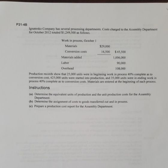 P21-4B Ignatenko Company has several processing departments. Costs charged to the Assembly Department for October 2012 totale
