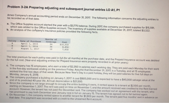 Problem 3-2A Preparing adjusting and subsequent journal entries LO A1, P1 Arnez Companys annual accounting period ends on De