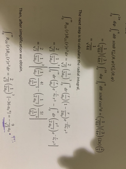 J. dø | de sine Yoo (8,9)Y? (0,0) = )Ga) S. de (ao sino cos?o = G) (2m) () The next step is to calculate the radial integra