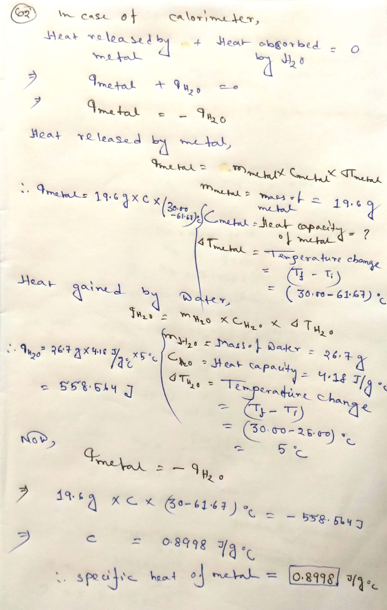 In case of calorimeter, Head released by & Heat abgorbed = metal o. a by H₂O metal +8H₂O so Imetal = - 9H2O Heat released by