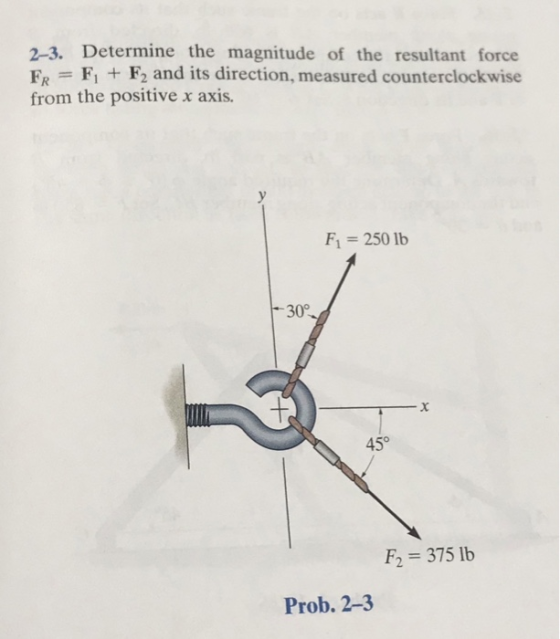 2-3. Determine the magnitude of the resultant force Fe Fi + F2 and its direction, measured counterclockwise from the positive x axis. F, = 250 lb 30 45° F2 375 lb Prob. 2-3