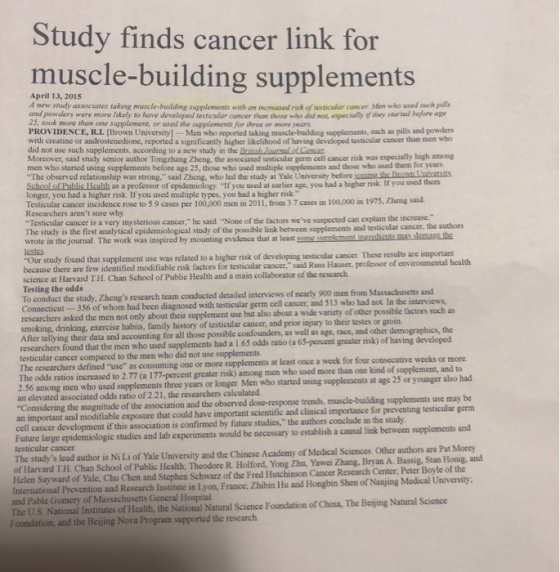 Study finds cancer link for muscle-building supplements April 13, 2015 A new study associates taking muscle-building suppleme