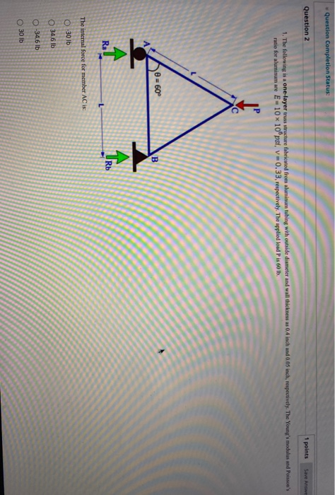 Question Completion Status: Question 2 1 points Save Arwe 1. The following is a one-layer truss structure fabricated from alu