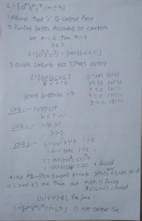 L = {ammen, men 1. Assume that Ľis context free 2. Pumping Length According to condition let m=2 than 923 L={2}}? 33=çaabbccc