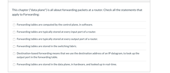 This chapter (data plane) is all about forwarding packets at a router. Check all the statements that apply to Forwarding: F
