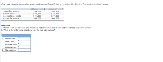 Costs associated with two alternatives, code-named Q and R, being considered by Albiston Corporation are listed below: Suppli