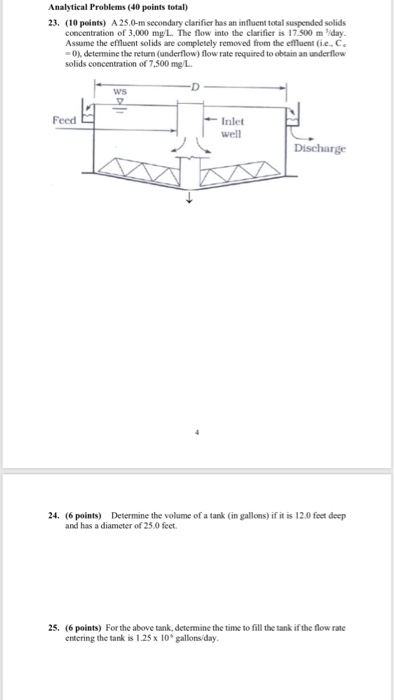 Analytical Problems (40 points total) 23. (10 points) A 25.0-m secondary clarifier has an influent total suspended solids con