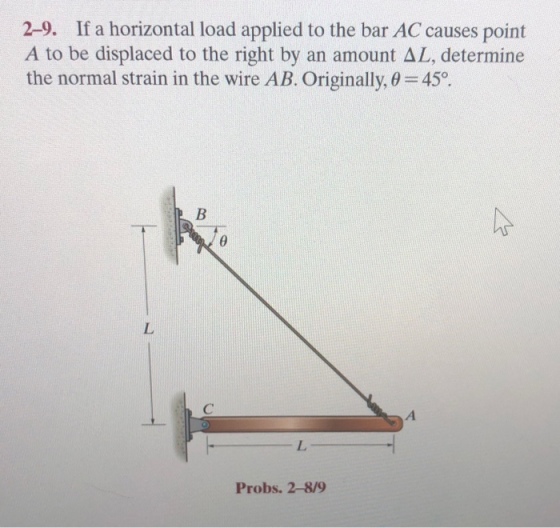 2-9. If a horizontal load applied to the bar AC causes point A to be displaced to the right by an amount AL, determine the normal strain in the wire AB. Originally, 0 45 Probs. 2-8/9