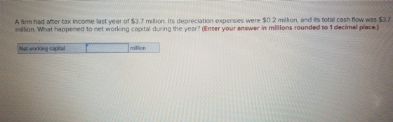 A firm had after-tax income last year of $3.7 million. Its depreciation expenses were $0.2 million, and its total cash flow w