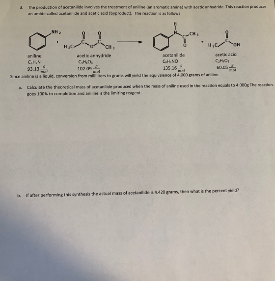 3. The production of acetanilide involves the treatment of aniline (an aromatic amine) with acetic anhydride. This reaction p