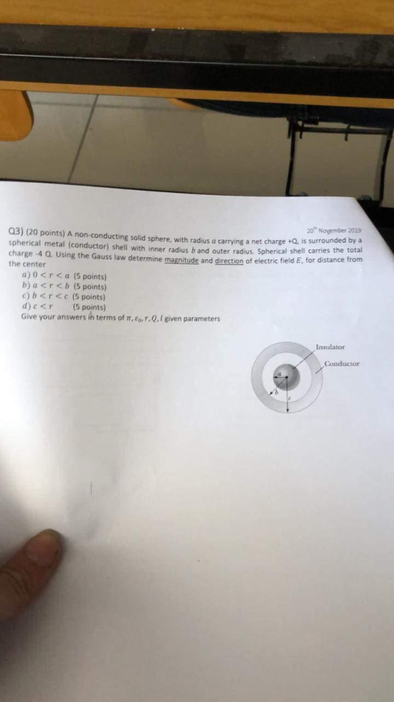 20 November 2019 03) (20 points) A non-conducting solid sphere, with radius a carrying a net charge +Q, is surrounded by a sp