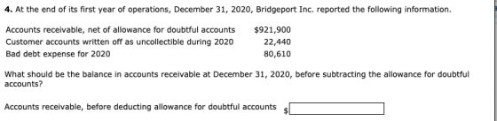 4. At the end of its first year of operations, December 31, 2020, Bridgeport Inc. reported the following information. Account