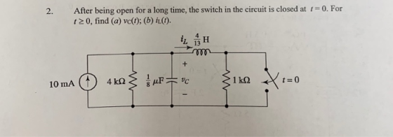 2. After being open for a long time, the switch in the circuit is closed at 1 = 0. For 120, find (a) vo(t); (b) it(). iz H 10