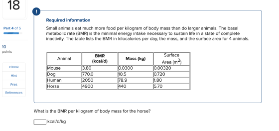 Part 4 of 5 Required information Small animals eat much more food per kilogram of body mass than do larger animals. The basal