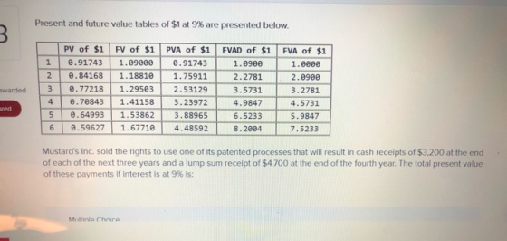 Present and future value tables of $1 at 9% are presented below. awarded PV of $1 FV of $1 PVA of $1 1 0 .91743 1.09eee 0.917