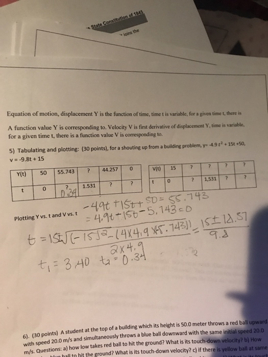 . ioins the Equation of motion, displacement Y is the function of time, time t is variable, for a given time t, there is A function value Y is corresponding to. Velocity V is first derivative of displacement Y, time is variable. for a given time t, there is a function value V is corresponding to. 5) Tabulating and plotting: (30 points), for a shouting up from a building problem, ye 49t2 1st.50, Y(t) 50 55.743? 44.2570 0 1.531? 0 ? 1,531? -4,9t-1st Plotting Y vs. t and V vs.t t 340 ints) A student at the top of a building which its height is s0.0 meter throws a red ball upward with speed 20.0 m/s and simultaneously throws a blue ball downward with the same initial speed 20.0 s Questions: a) how low takes red ball to hit the ground? What is its touch-down velocity? b) How hall to hit the ground? What is its touch-down velocity? c) if there is yellow ball at same
