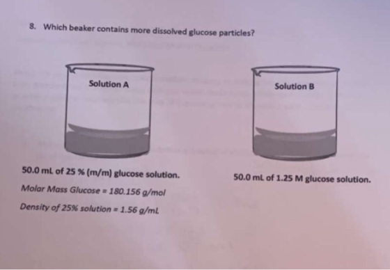 8. Which beaker contains more dissolved glucose particles? Solution A Solution B 50.0 mL of 1.25 M glucose solution. 50.0 mL