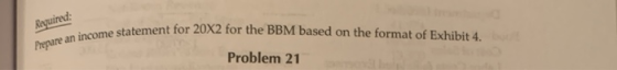 Prepare an income statement for 20X2 for the BBM based on the format of Exhibit 4. Problem 21 Required: