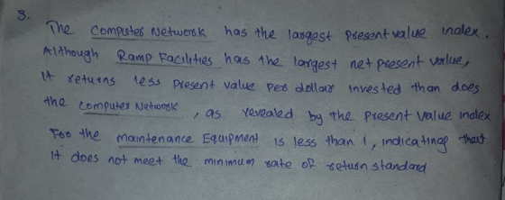 The computer Network has the largest present value theex. Although Ramp Facilities has the largest net present value, it retu
