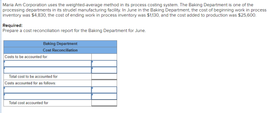 Maria Am Corporation uses the weighted average method in its process costing system. The Baking Department is one of the proc