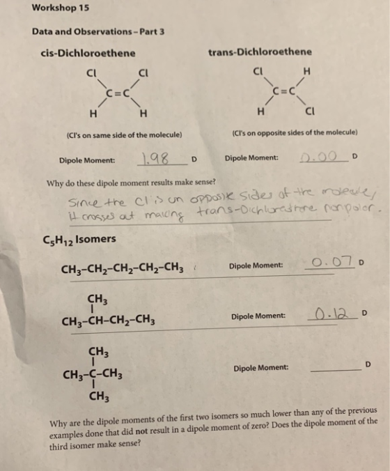 Workshop 15 Data and Observations - Part 3 cis-Dichloroethene trans-Dichloroethene Cl CI CI H C=C C=C H H H CI (CIs on same
