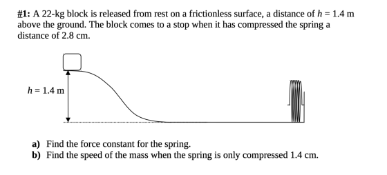 #1: A 22-kg block is released from rest on a frictionless surface, a distance of h = 1.4 m above the ground. The block comes