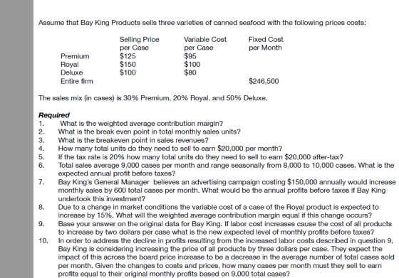 Assume that Bay King Products sells three varieties of canned seafood with the following prices costs: Selling Price per Case $125 $150 $100 Variable Cost per Case $95 100 Fixed Cost per Month Premium Royal Deluxe Entire firm 80 $246,500 The sales mix (in cases) is 30% Premium, 20% Royal, and 50% Deluxe. Required What is the weighted average contribution margin? 2. What is the break even point in total monthly sales units? 3.What is the breakeven point in sales revenues? 4. How many total units do they need to sell to earn $20,000 per month? 5. If the tax rate is 20% how many total units do they need to sell to earn $20,000 after-tax? 6.Total sales average 9,000 cases per month and range seasonally from 8,000 to 10,000 cases. What is the expected annual profit before taxes? Bay Kings General Manager believes an advertising campaign costing $150,000 annually would increase monthly sales by 600 total cases per month. What would be the annual profits before taxes if Bay King undertook this investment? 7. 8. Due to a change in market conditions the variable cost of a case of the Royal product is expected to 9.Base your answer on the original data for Bay King. If labor cost increases cause the cost of all products 10. In order to address the decline in profits resulting from the increased labor costs described in question 9 increase by 15%. What will the weighted average contribution margin equal if this change occurs? to increase by two dollars per case what is the new expected level of monthly profits before taxes? Bay King is considering increasing the price of all products by three dollars per case. They expect the impact of this across the board price increase to be a decrease in the average number of total cases sold per month. Given the changes to costs and prices, how many cases per month must they sell to earrn profits equal to their original monthly profits based on 9,000 total cases?